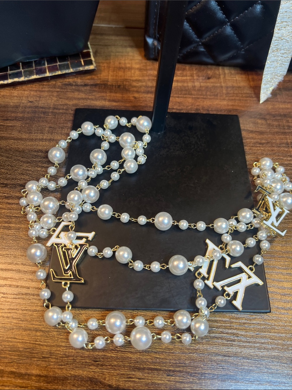 Gold-Tone Faux Pearl Necklace with Logo Charms